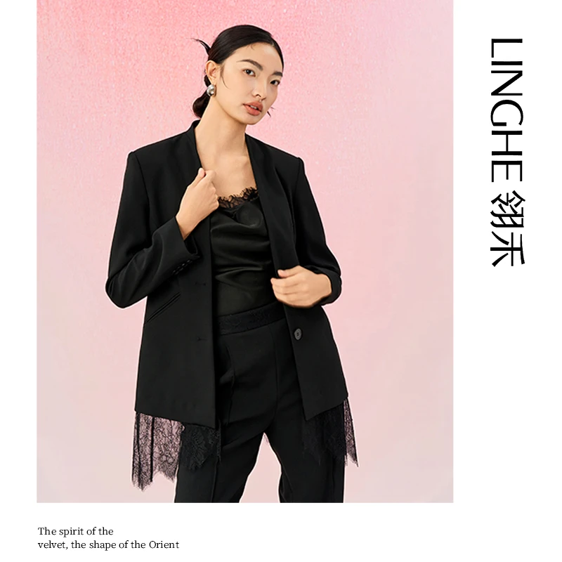 翎禾LINGHE-「暗香疏影」V领蕾丝拼接西装时尚休闲长