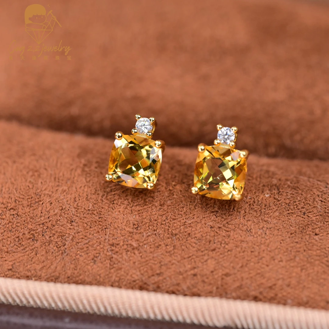 天然黄水晶小方糖耳钉极简天然宝石礼物水晶925银