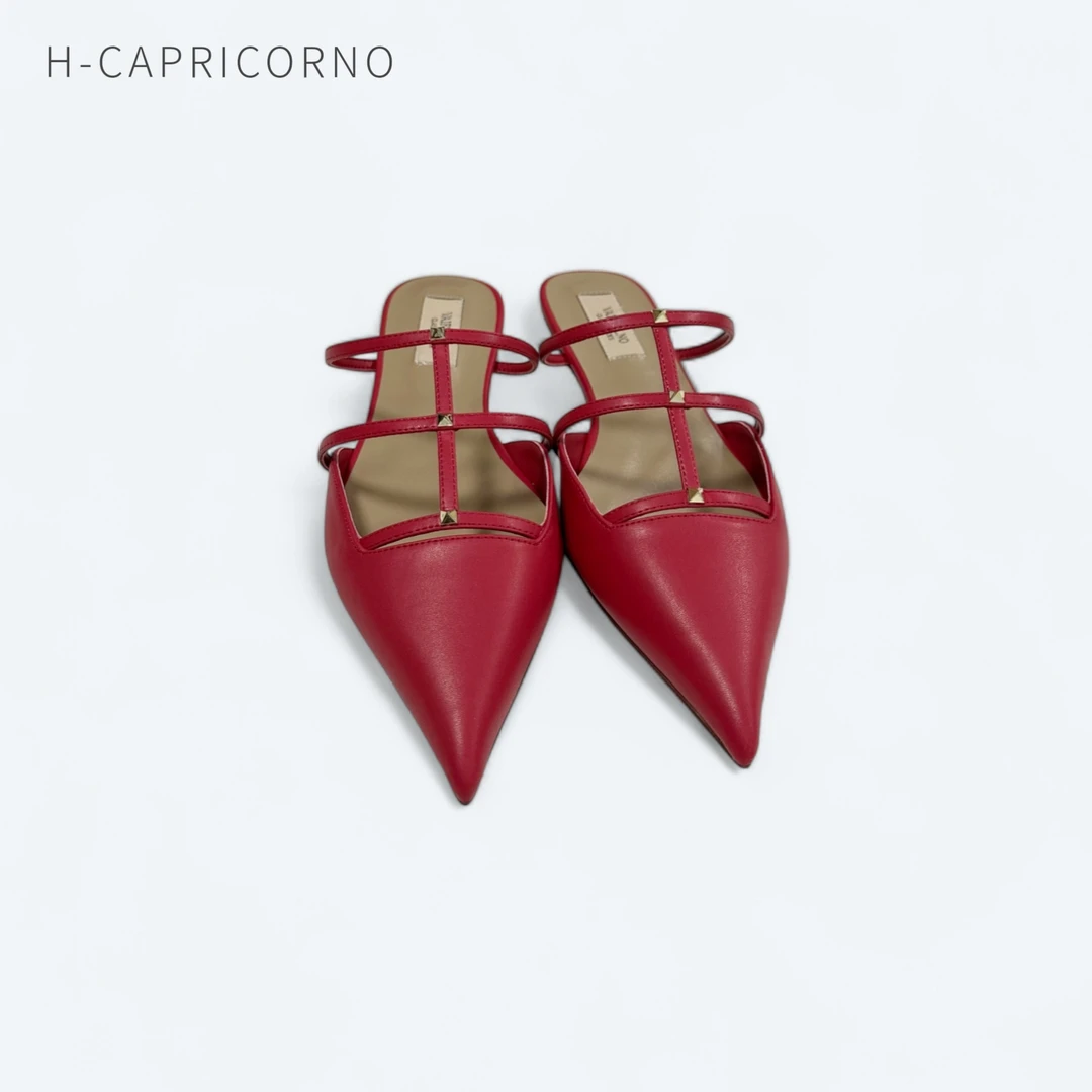 H-CAPRICORNO定制铆钉平尖头哑光真皮底鞋半拖2厘米穆勒仙女鞋
