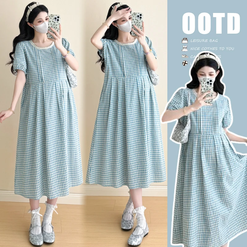 甜美气质2025新款孕妇装夏季连衣裙时尚宽松显瘦中长款格子连衣裙