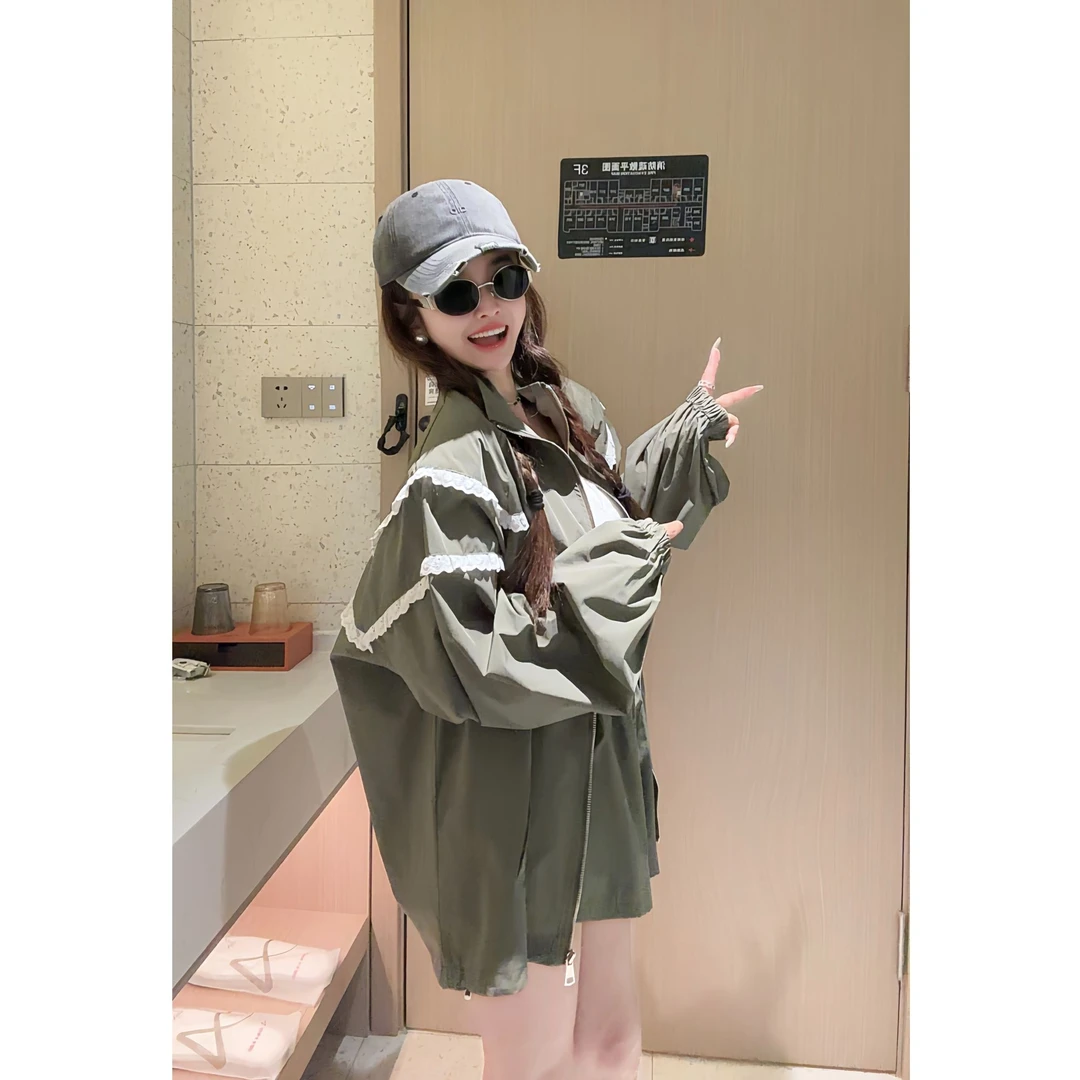 【蛇蛇家20025】时尚百搭立领拼接蕾丝拉链外套+短裤套宽松显瘦运动