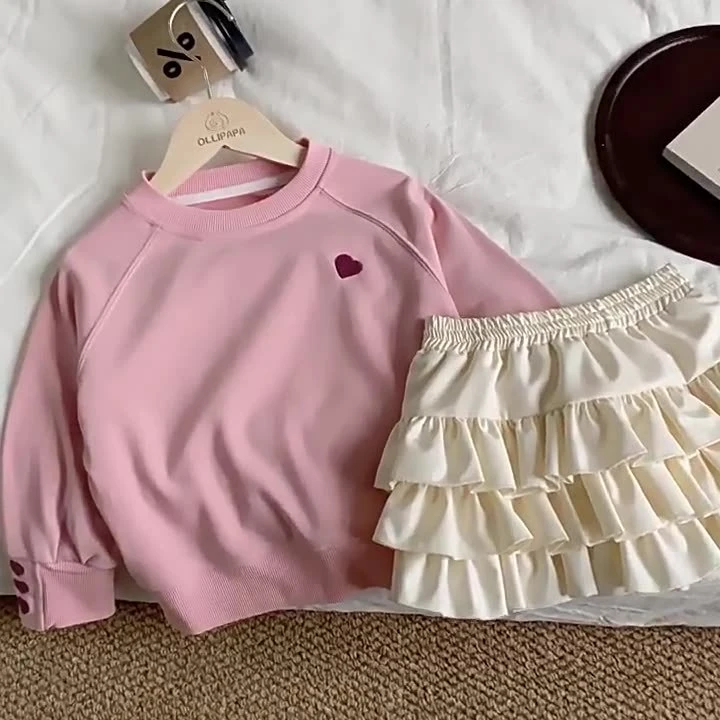 女童春季新款粉色爱心套头上衣休闲卫衣百搭蛋糕裙洋气半身裙裤潮