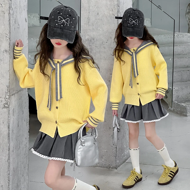 女童春季套装2025新款6-12岁小女还jk裙子儿童学院风开衫两件套潮