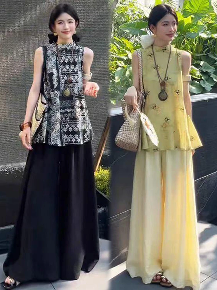 时尚套装女2025夏季新款时髦洋气国风无袖上衣阔腿裤慵懒感两件套