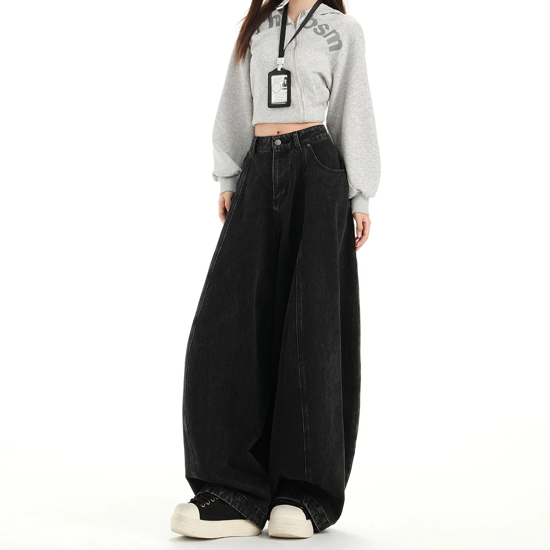 复古水洗黑色垂感阔腿弯刀牛仔裤女2025秋季新款高街宽松拖地长裤