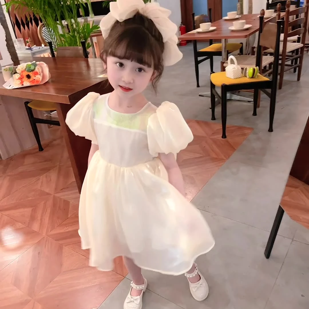6Y52女小童夏装大蝴蝶结礼服裙表演裙新款网红暮云纱泡泡袖公主裙
