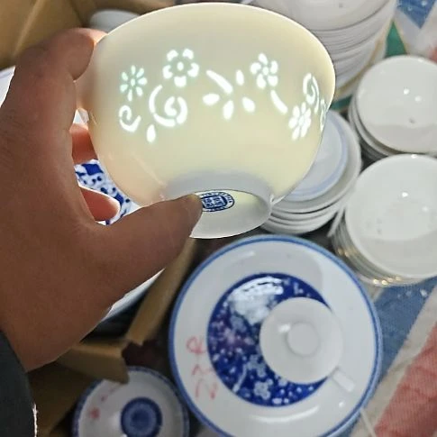 瓷玲珑青色4.75寸吃饭碗6个微瑕疵