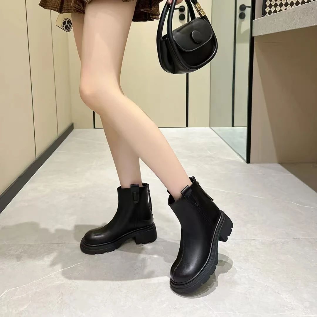 冬季高跟短靴女厚底增高马丁靴美拉德复古切尔西靴0188