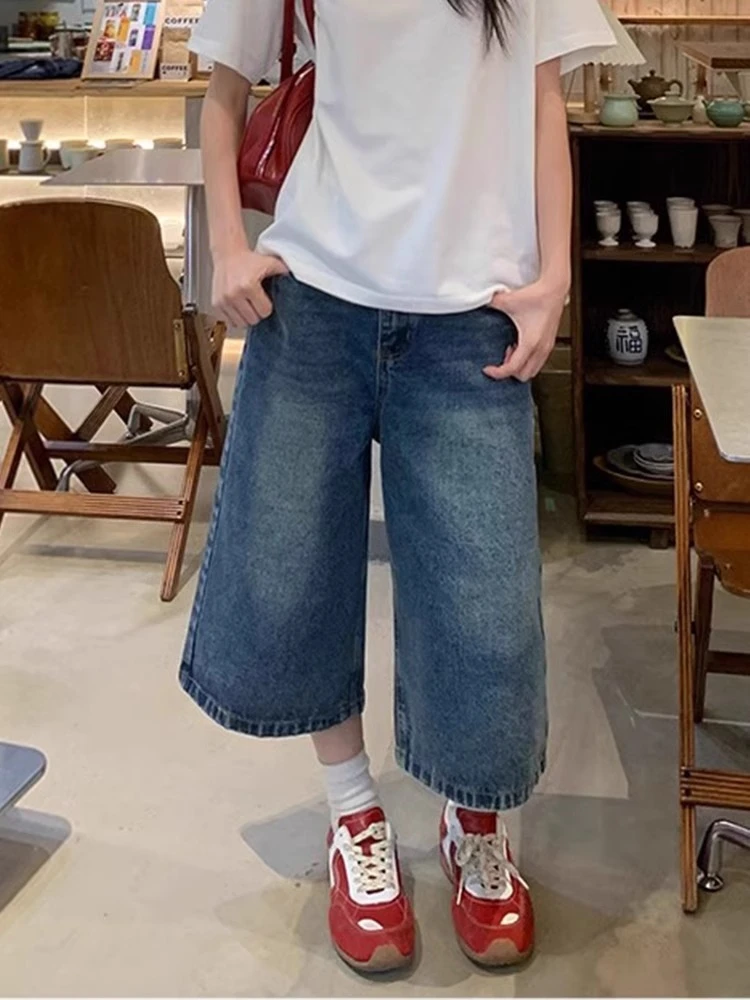 复古美式复古蓝七分牛仔裤女春季新款高腰宽松阔腿裤直筒中裤女