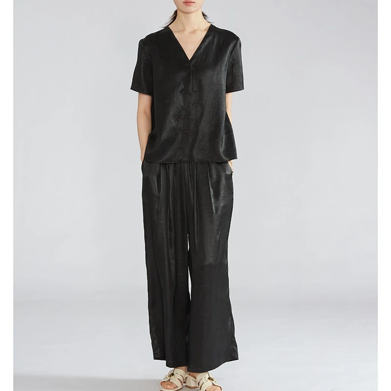 40姆米香云纱阔腿长裤松紧腰女高腰真丝桑蚕丝休闲裤子YSCK003