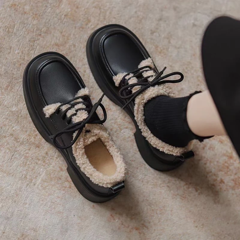 乐福棉鞋冬季加绒加厚一脚蹬皮面百搭保暖毛毛鞋子A157