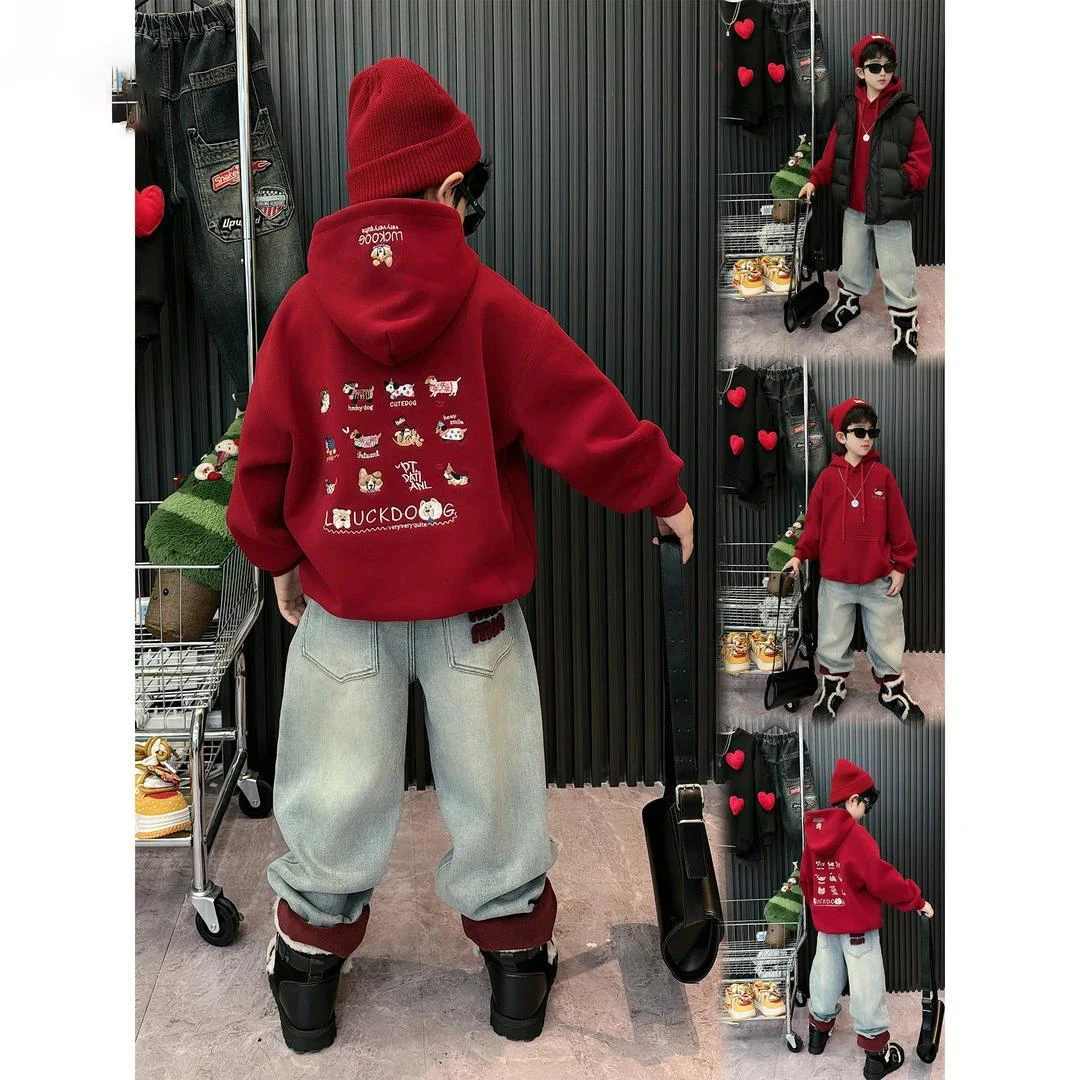 男童拜年服红色卫衣加绒加厚2024新款儿童圣诞节冬季保暖连帽上衣