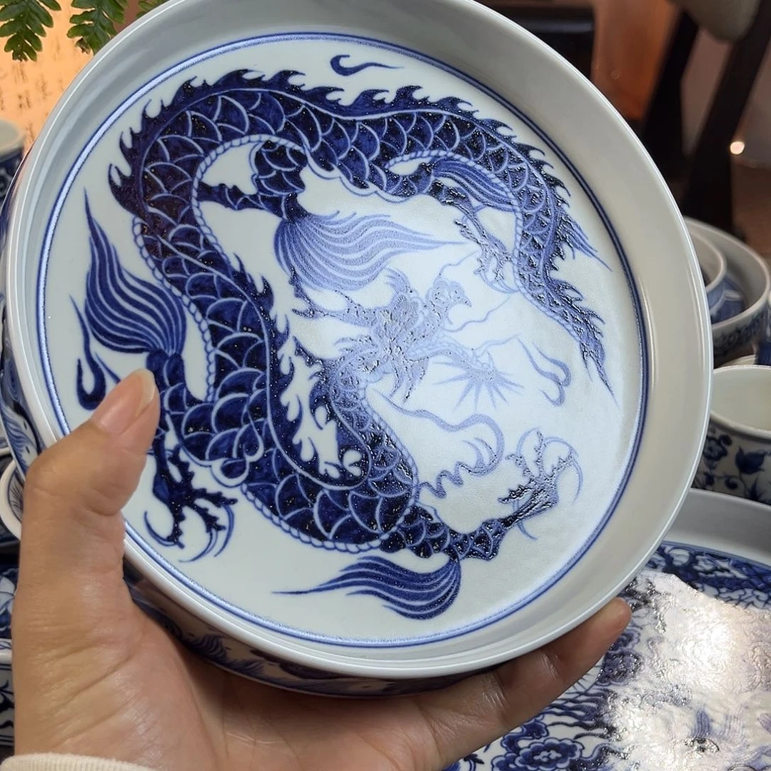 朝岚夕霞仿至正元青花壶承原矿釉烧制全手绘