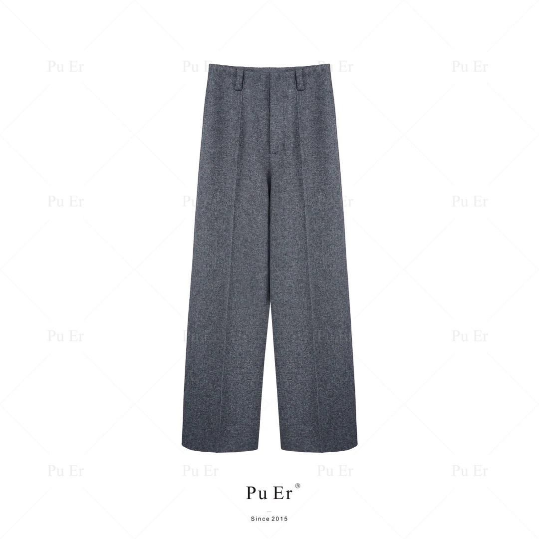 璞迩加厚混灰色粗纺肌理连腰直筒裤（全里）
