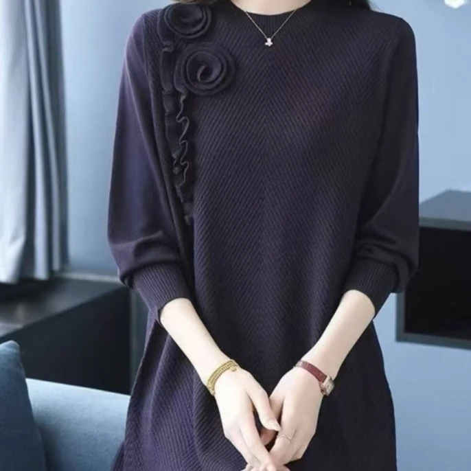 女士圆领套头针织衫秋冬