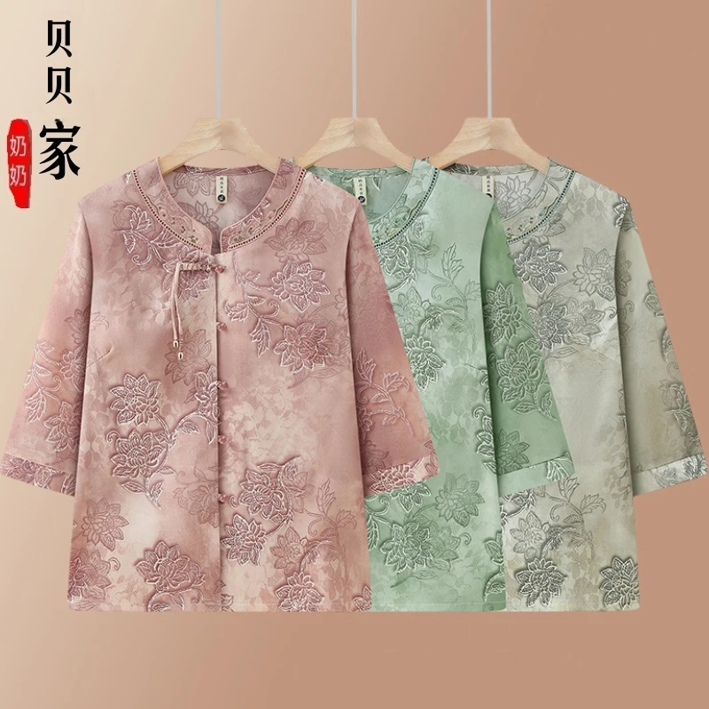 中老年人妈妈夏装薄款七分袖衬衫女奶奶国风新款开衫70老太太上衣