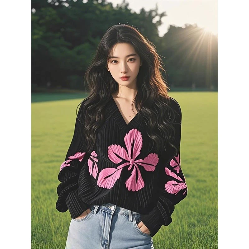 高级感黑色v领印花针织衫女2025年春季新款减龄洋气毛衣长袖上衣