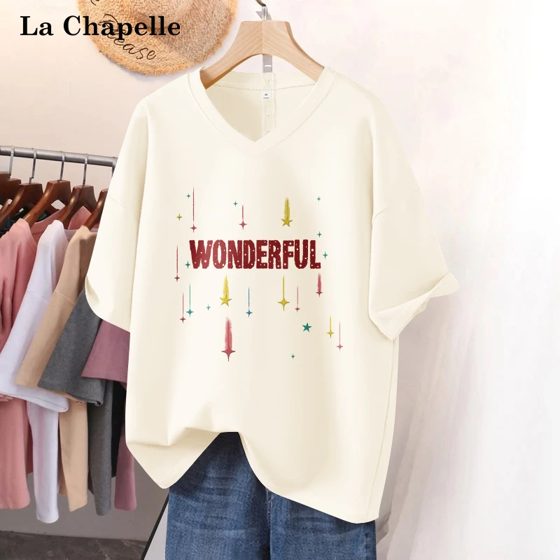 拉夏贝尔纯棉V领短袖T恤女款爆款2025新款春夏小众设计感半袖上衣