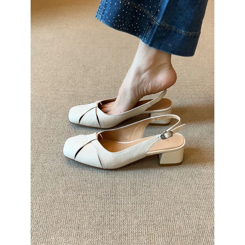 nnmiss/5cm小众设计简约方头高跟鞋编织交叉绊带粗跟包头后空凉鞋