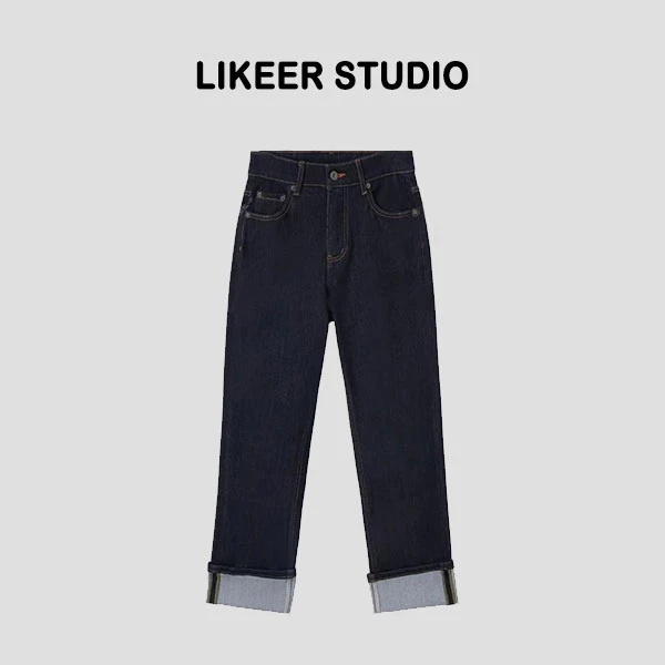 【柏莎】新品翻边复古修身烟管裤水洗显瘦直筒蓝色牛仔裤A005