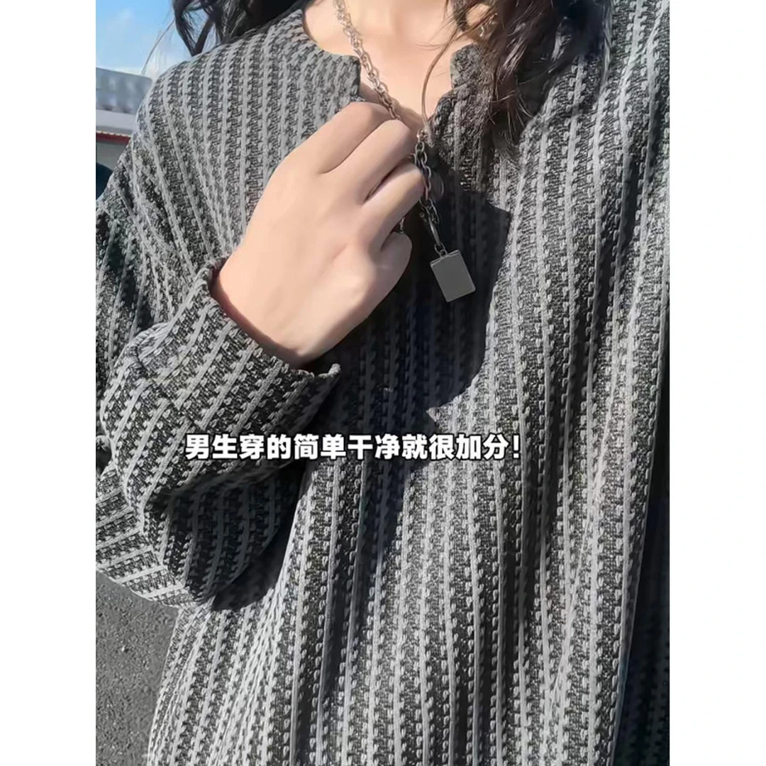 小香风千鸟格v领长袖t恤男款秋季cleanfit条纹打底衫情侣美式卫衣