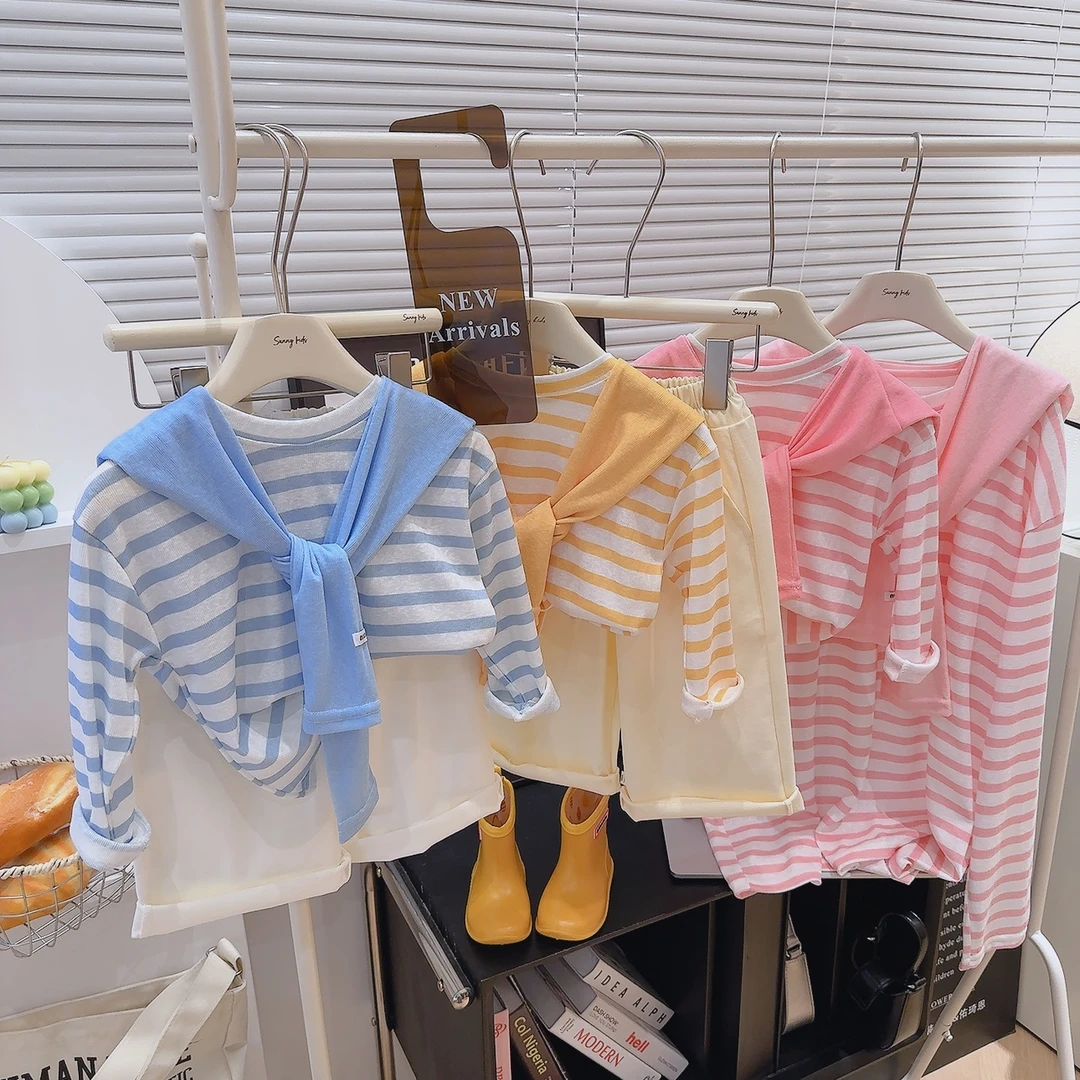【多巴胺】(送披肩)新款女童小清新条纹打底衫时尚百搭长袖防晒上衣