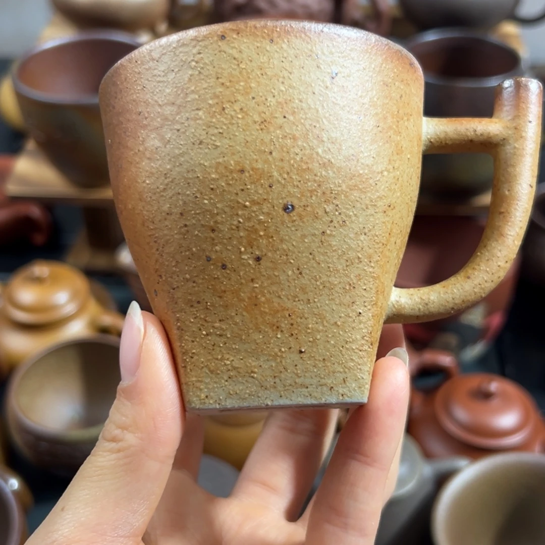 紫砂茶杯柴烧手把杯