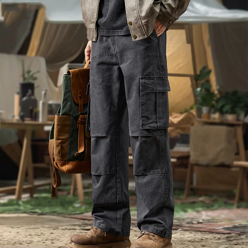美式复古直筒工装裤男宽松春秋阔腿休闲裤男士户外运动纯棉裤子男