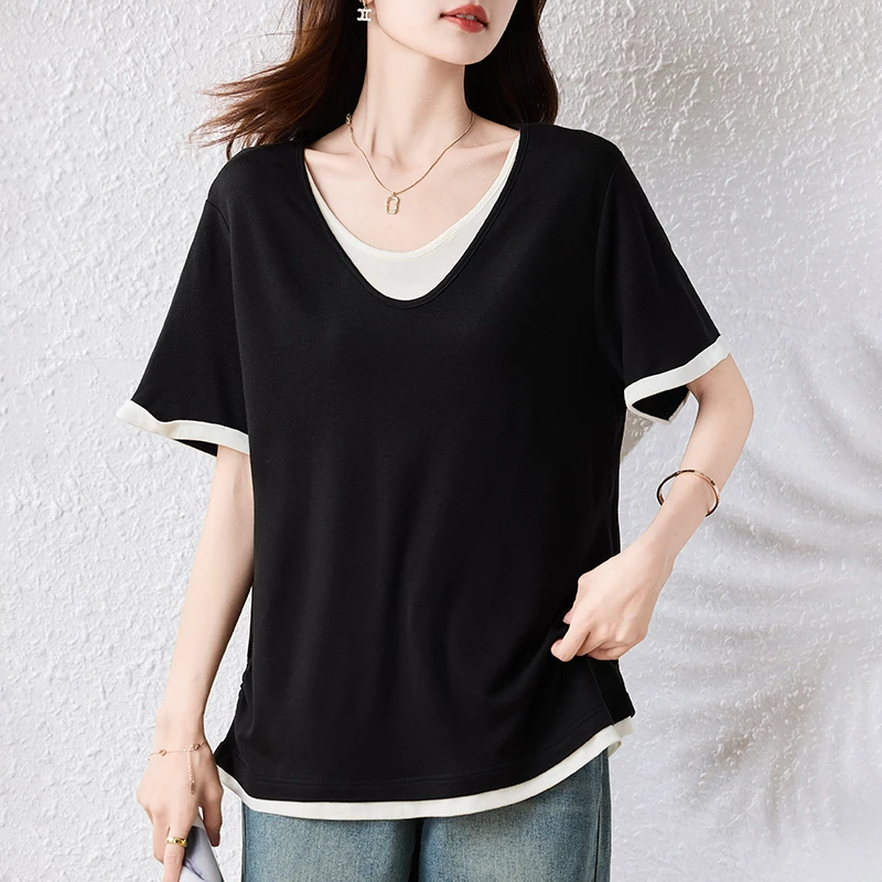 休闲假两件黑色短袖T恤女2025夏新款大码女装薄款宽松显瘦上衣
