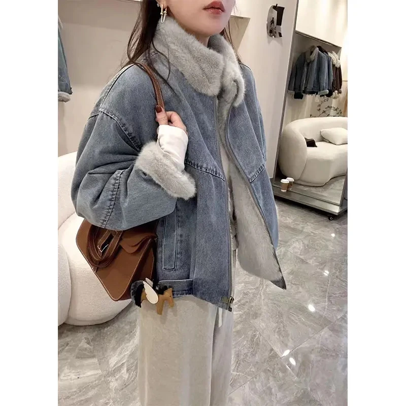 小个子保暖加绒短款外套女2025秋冬新款炸街毛绒牛仔派克服1033#