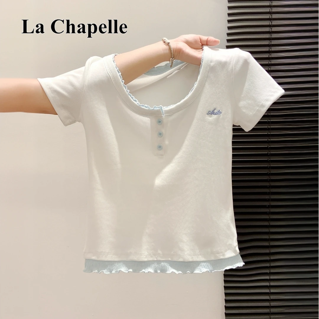 拉夏贝尔撞色刺绣木耳边短袖t恤女夏季新款修身显瘦短款薄款上衣