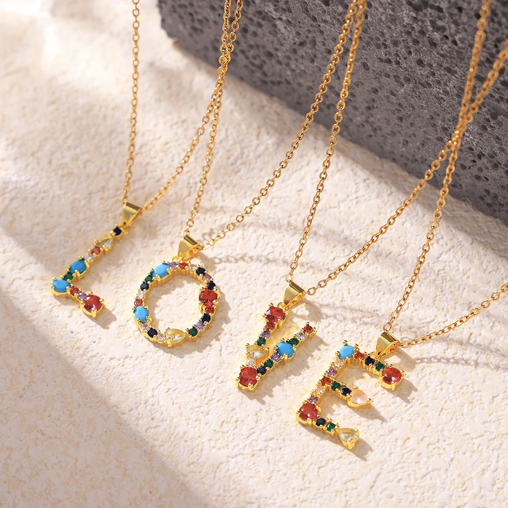 钛钢锆石吊坠 镶彩色锆石26个英文字母吊坠项链小众嘻哈锁骨链