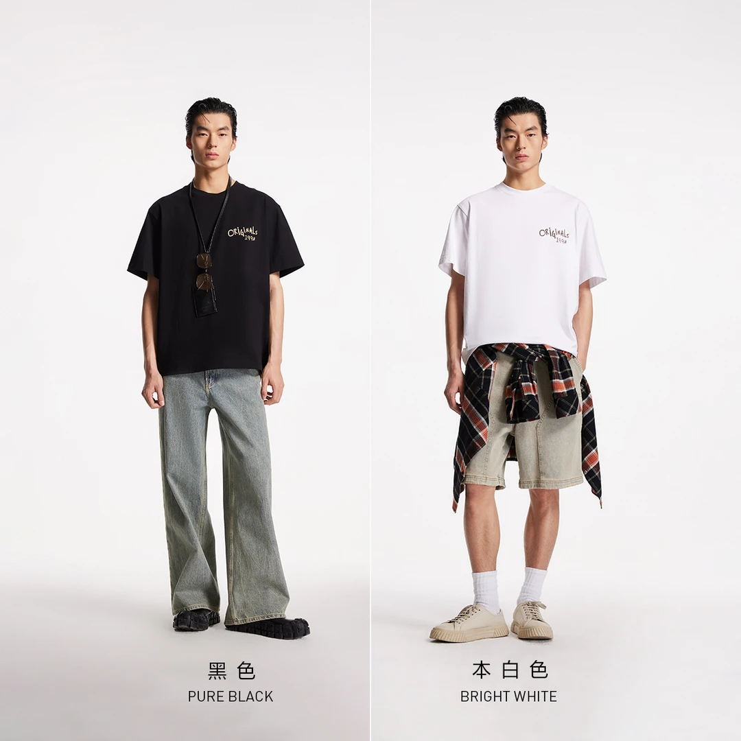 杰克琼斯夏季新款纯棉百搭艺术感图案印花略宽松圆领短袖T恤男装