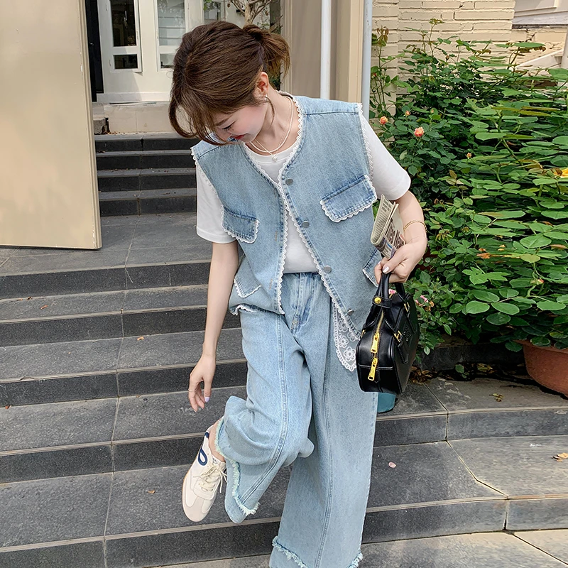 蕾丝花边拼接马甲阔腿裤两件套2025春夏新款韩系高级感时尚套装裤