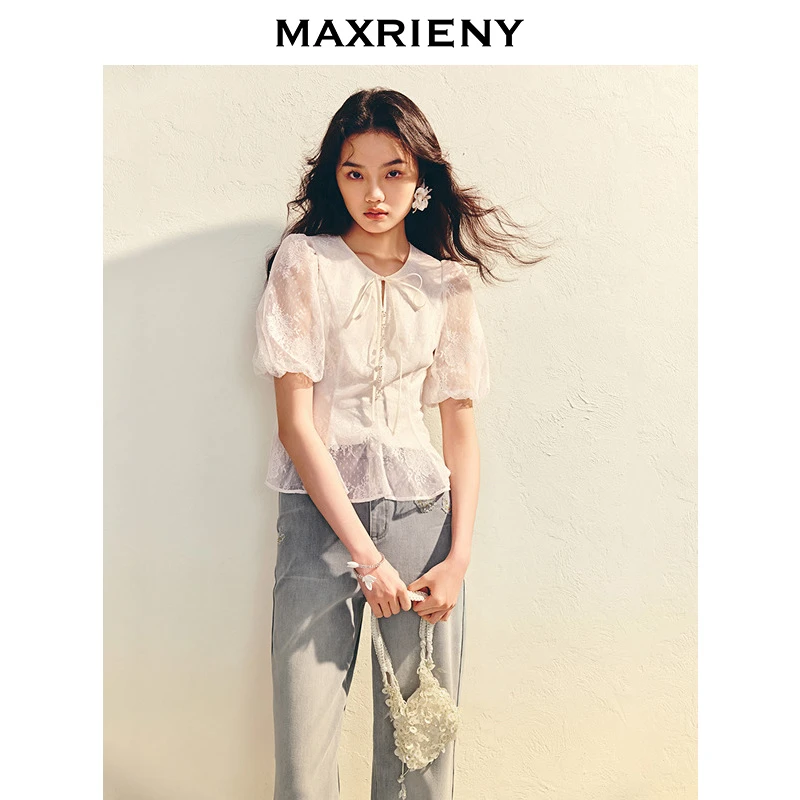 MAXRIENY精致日常感蕾丝雪纺衫女2025夏季新款收腰x型泡泡