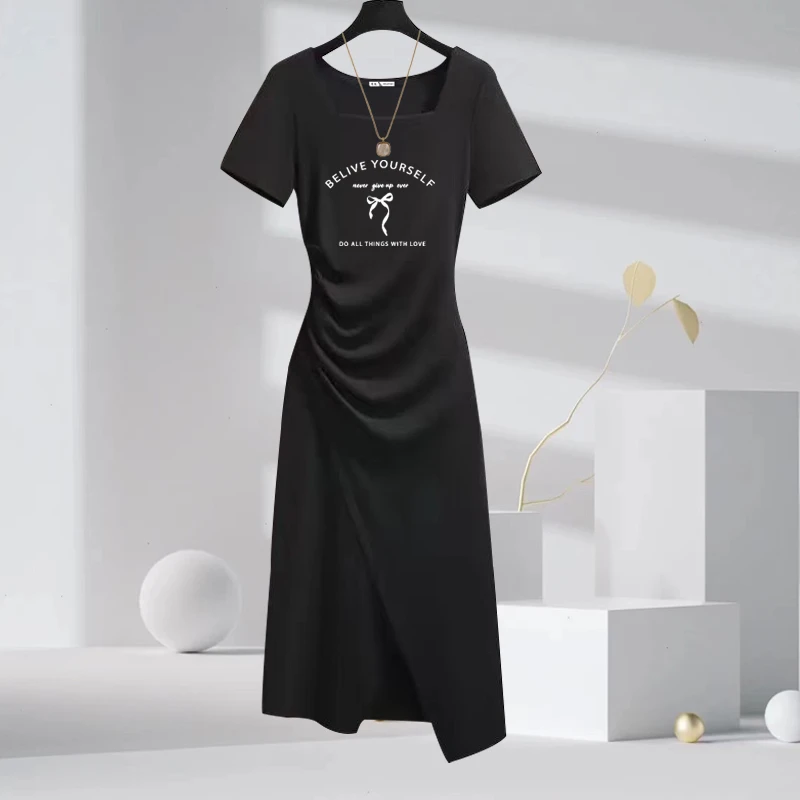 方领T恤连衣裙女夏季2025新款气质修身显瘦开叉法式温柔风中长裙