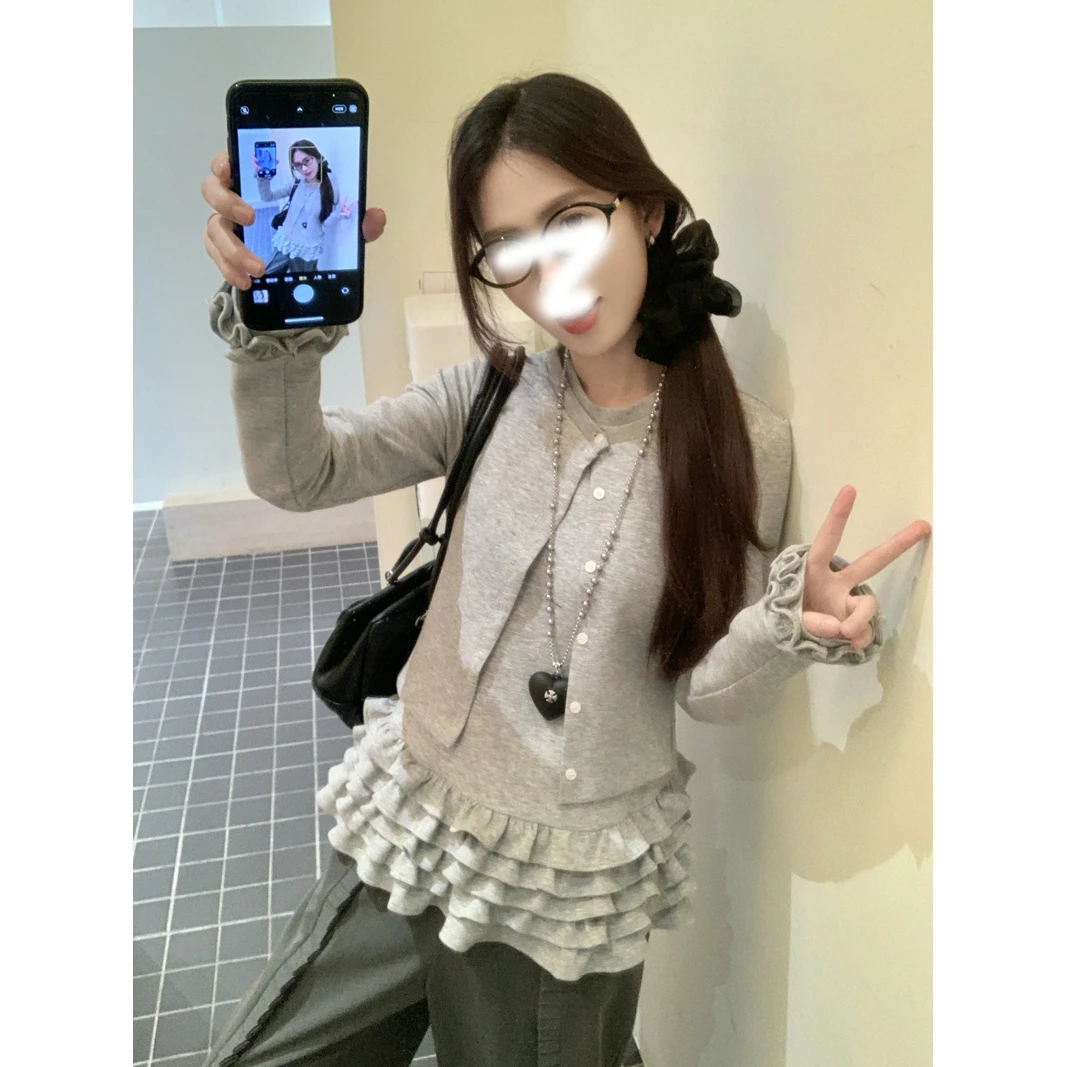 灰色设计感小众假两件开衫t恤女春秋新款下摆荷叶边拼接上衣女