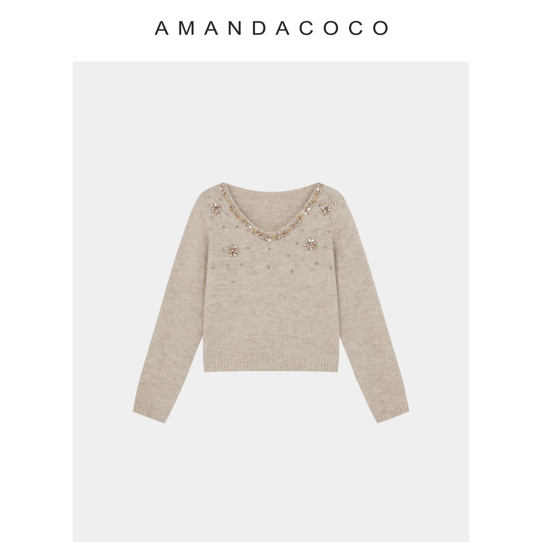 静静 | 松茶可可～25秋冬轻奢法式串钻v领精致氛围感长袖毛衣