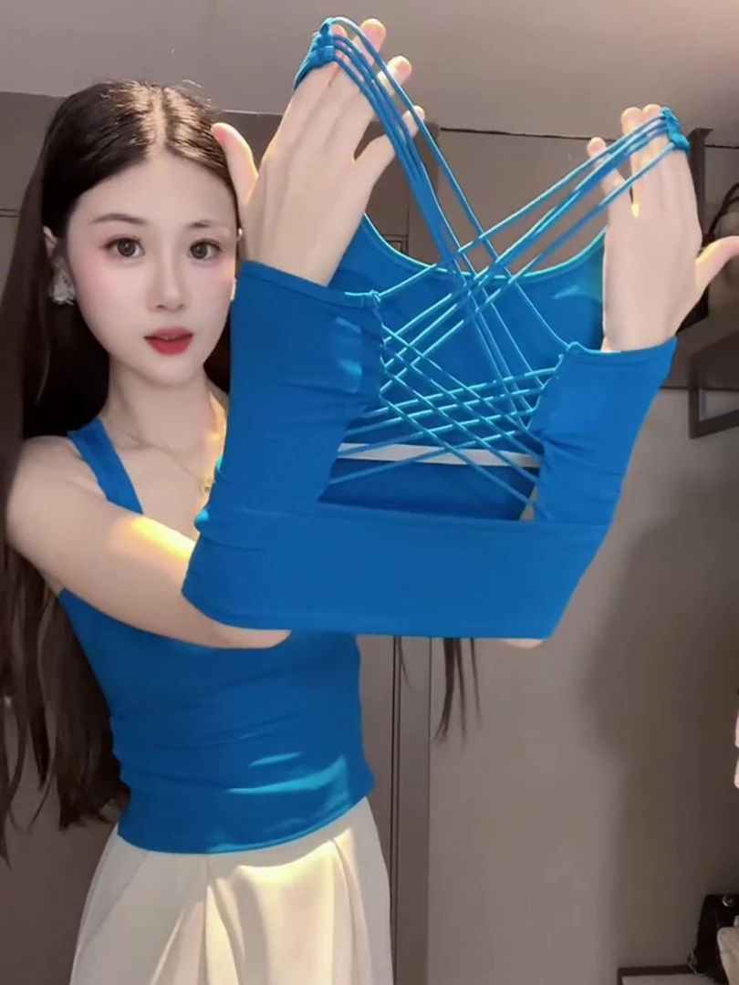 2025夏季新款小众气质辣妹性感美背交叉背心带胸垫女内搭外穿上衣