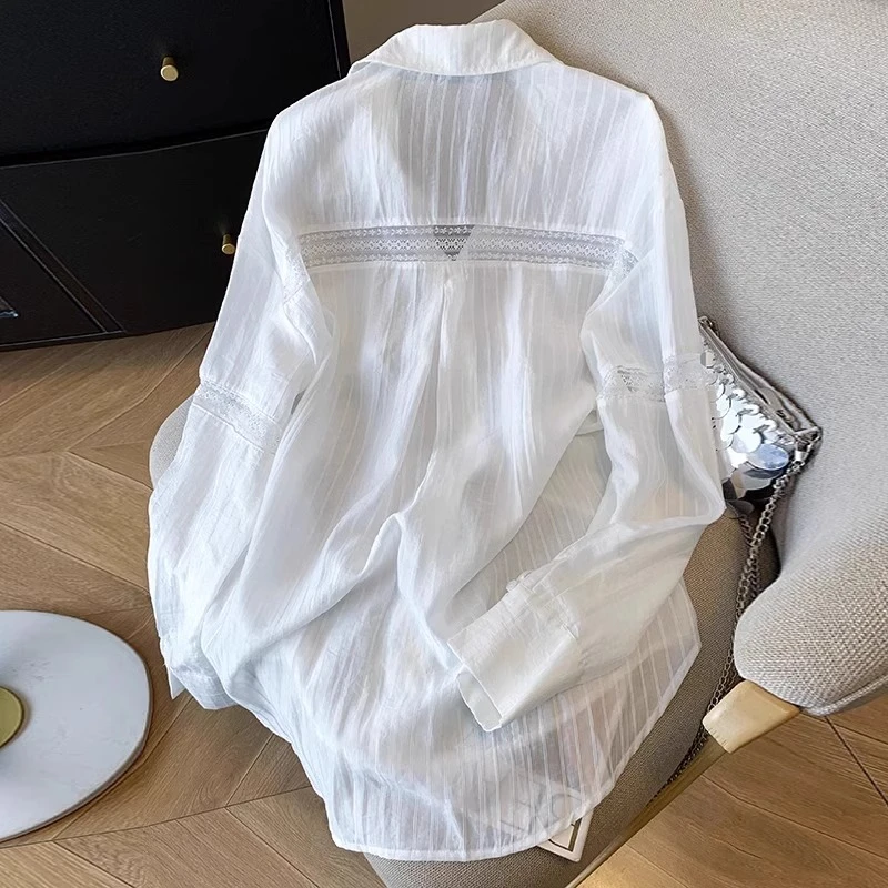 欧洋拼接蕾丝雪纺衬衫女夏季薄款配吊带的薄纱罩衫开衫防晒衬衫
