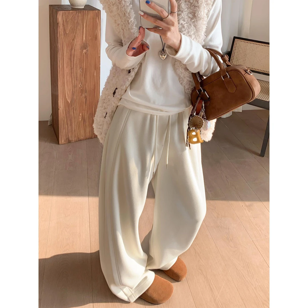 白色阔腿裤女2025秋冬季新款加绒直筒糯米弯刀品质呢裤子运动卫裤