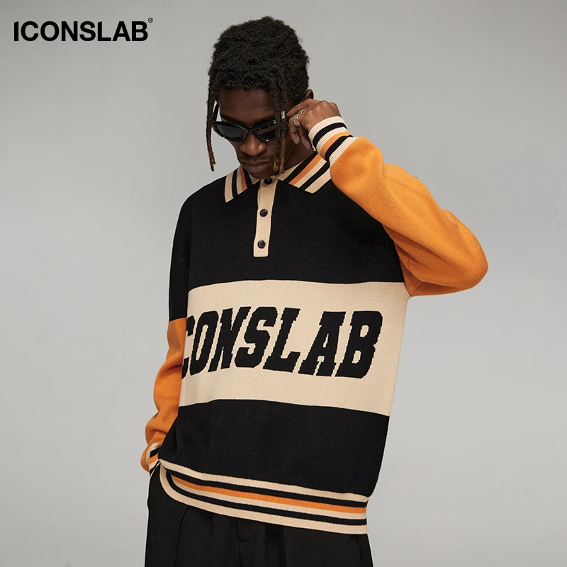 ICONSLAB 大字母撞色翻领毛衣美式复古宽松情侣oversize针织衫
