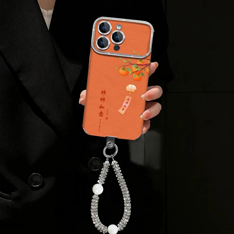 适用【苹果/oppo/华为/vivo/小米】柿柿如意贴皮电镀大视窗手机壳女