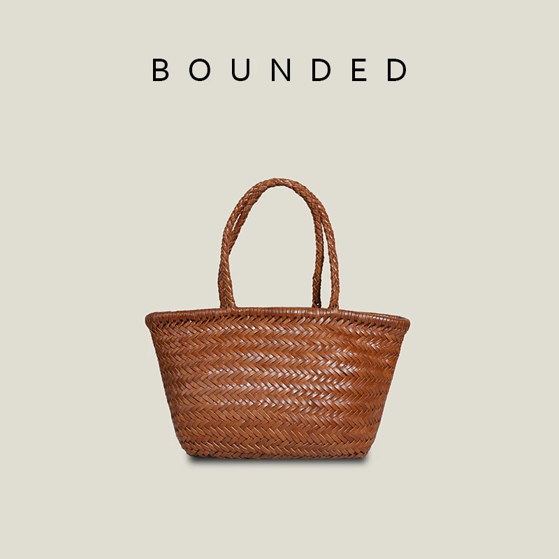 Bounded法式头层牛皮真皮手工编织包手提包高级菜篮子托特包旅游