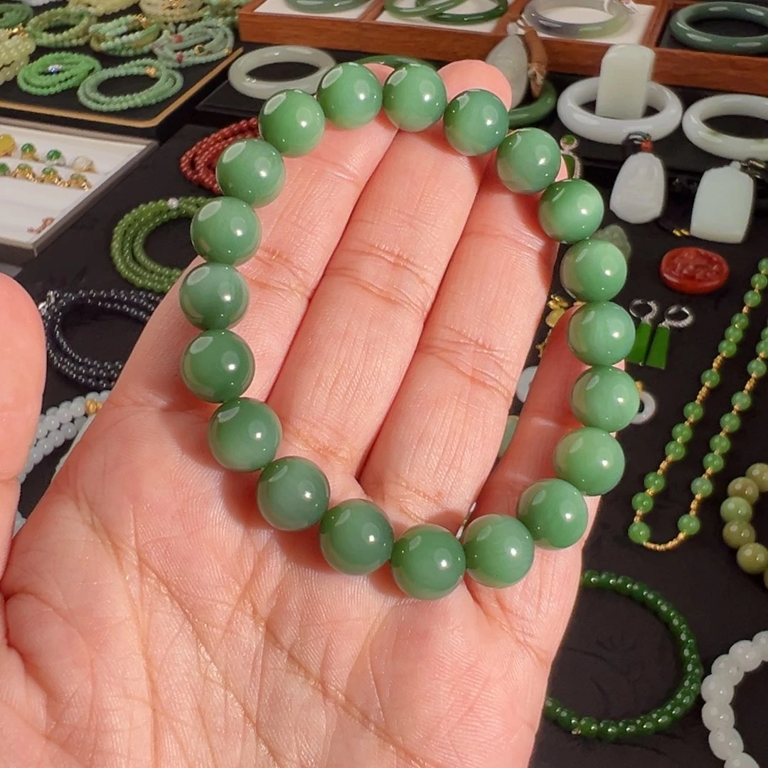 和田玉（碧玉）未镶嵌手串瓷蓝猫眼手串10mm