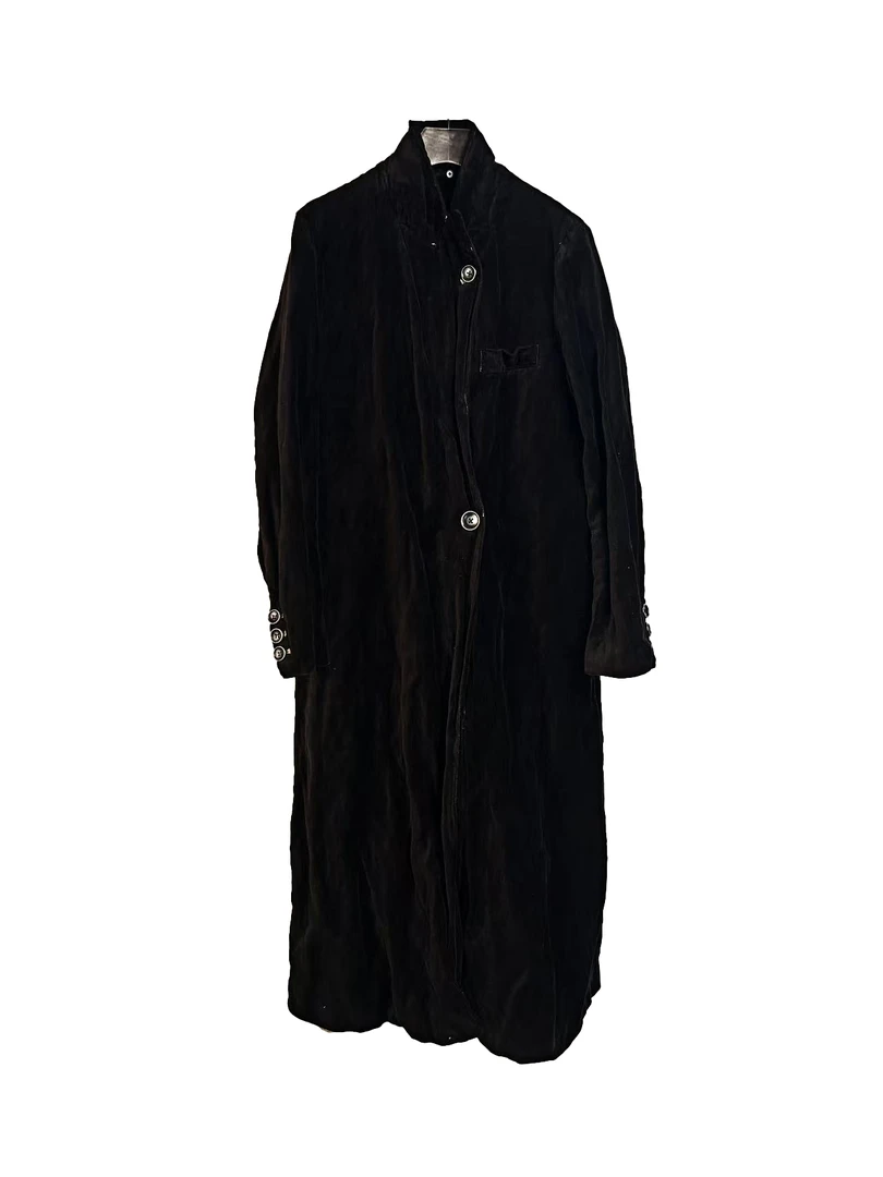 女装中长款黑棕色金属丝丝绒风衣