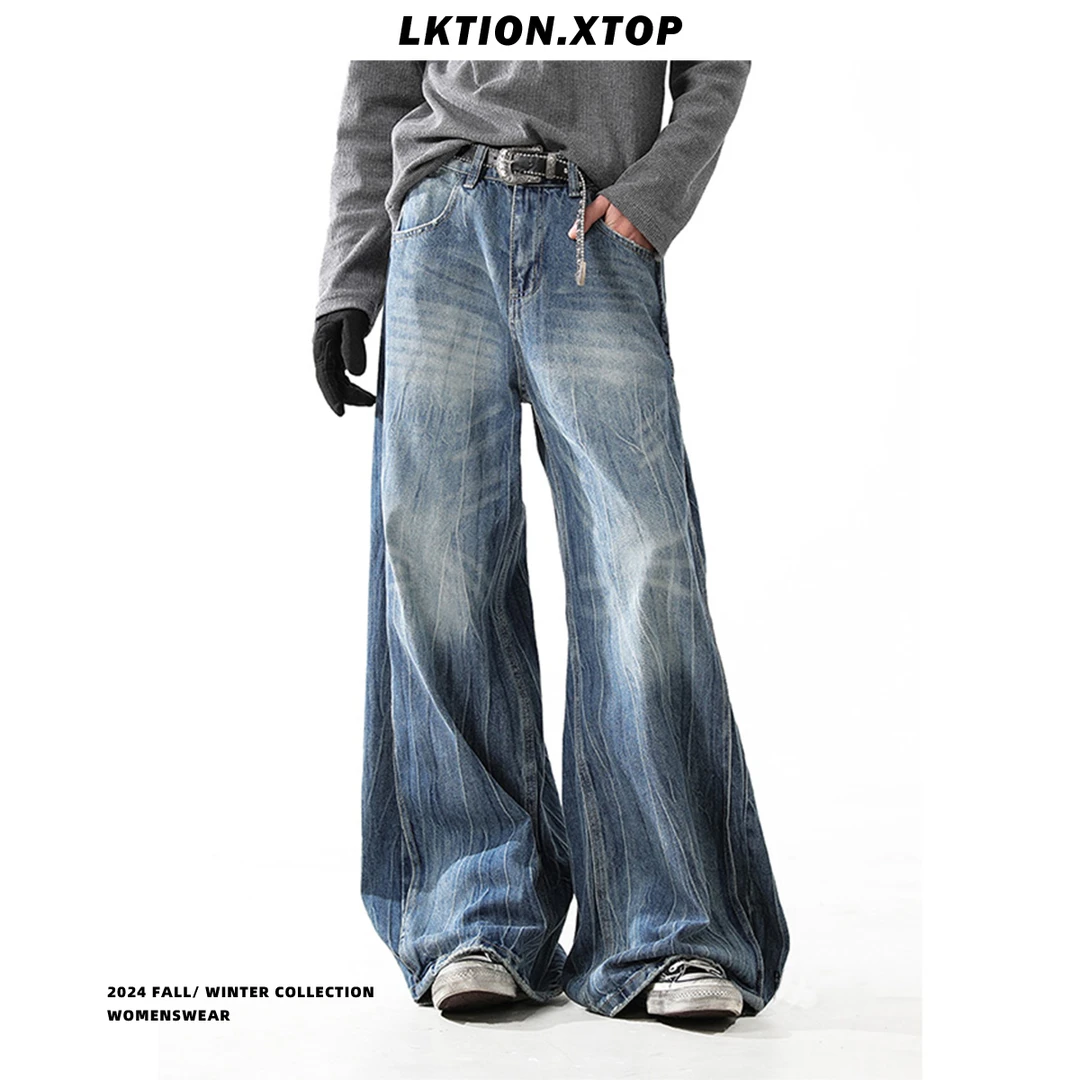 LK正品 美式高街vibe闪电裂纹蓝色牛仔裤男潮牌巴家直筒阔腿裤子