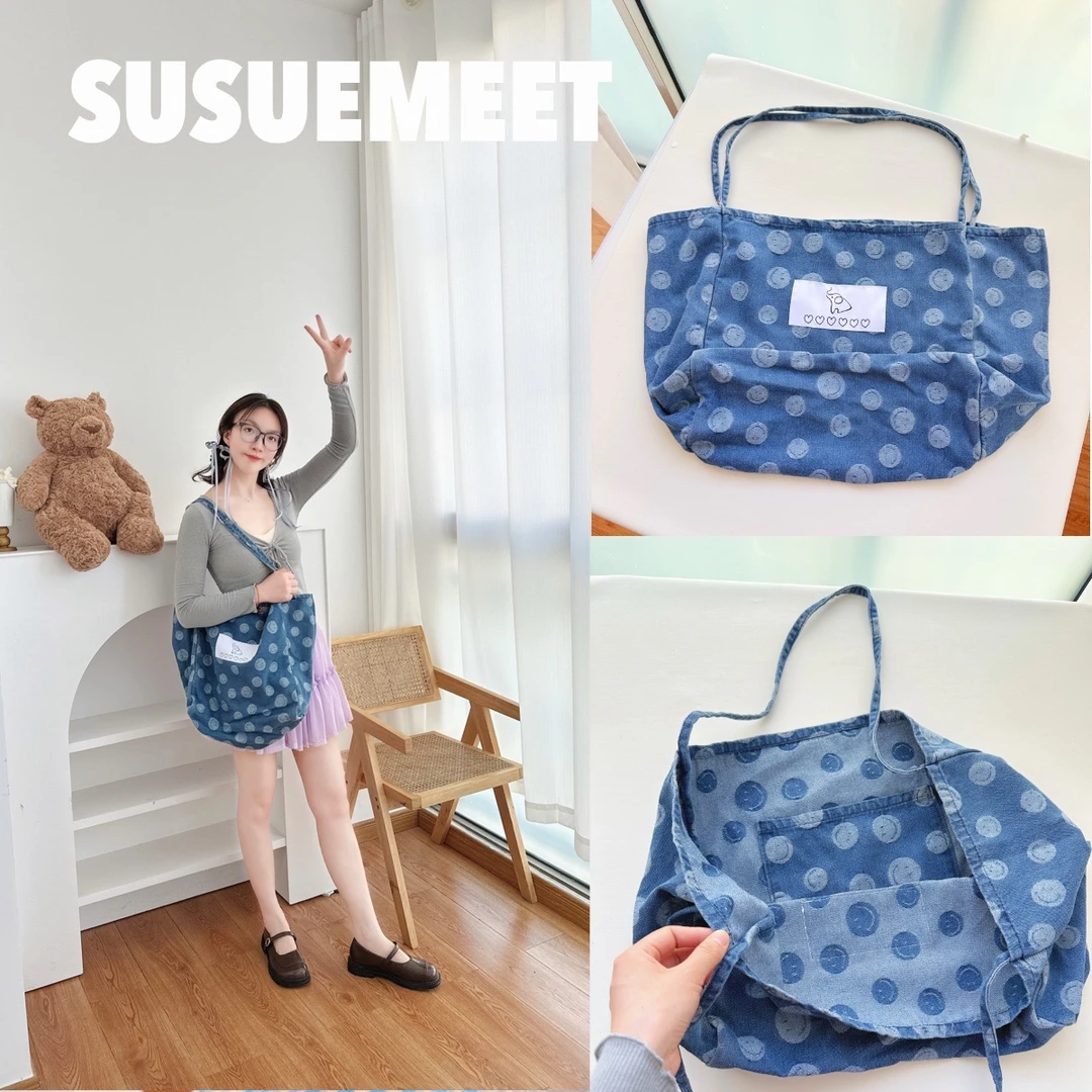 每天微笑呦文艺单肩包 春款牛仔轻便短途休闲百搭便携通勤包包