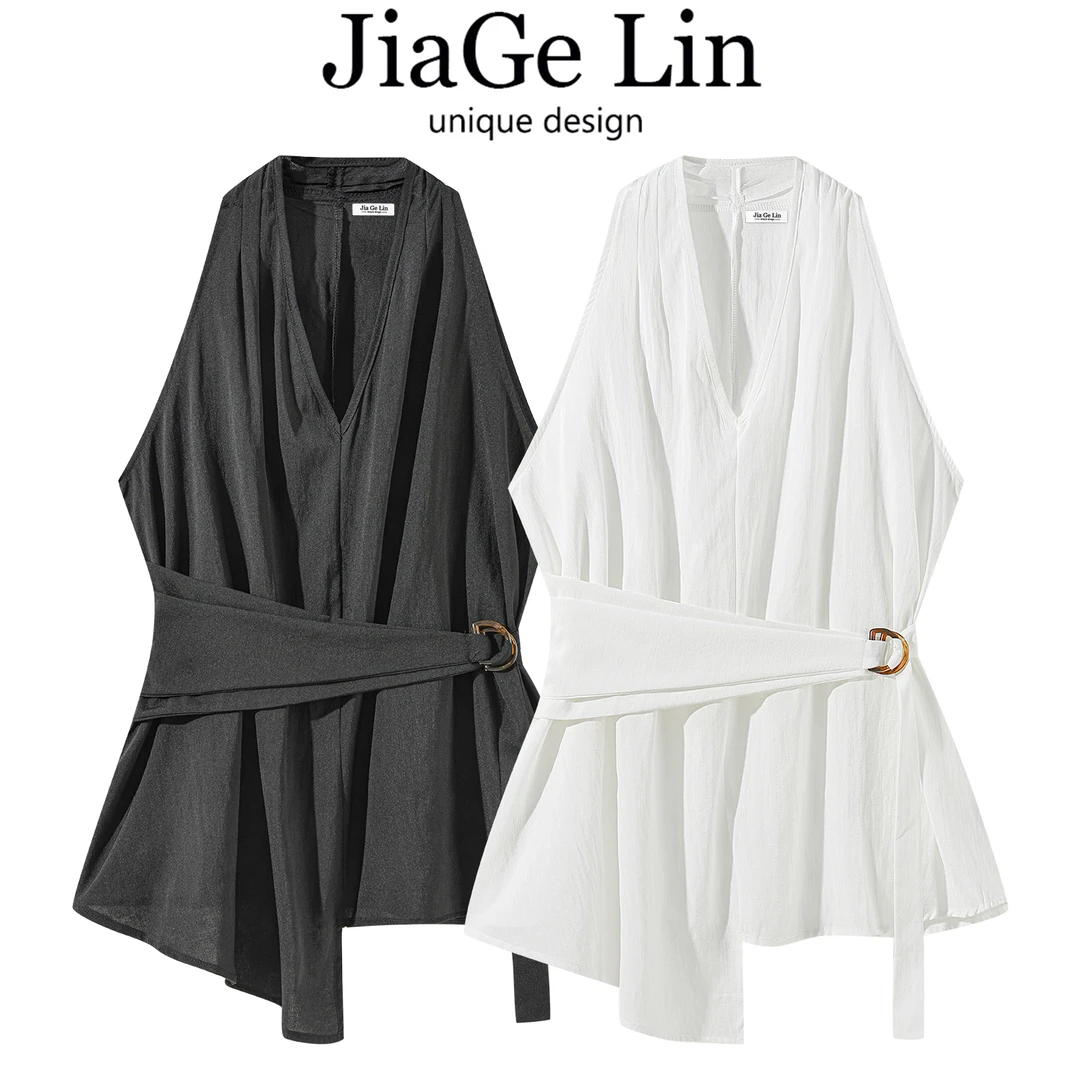 JiaGeLin韩系简约不规则系带V领无袖衬衫女士夏白色小衫挂脖上衣