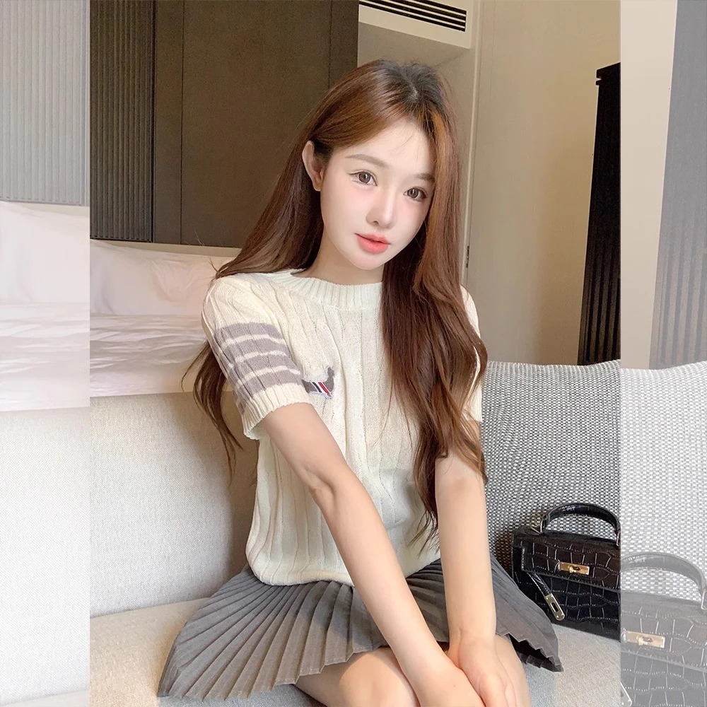 夏季学院风针织衫T恤短袖女款新款气质半身百褶裙子两件套装
